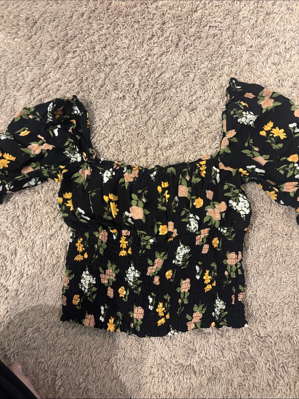 Reformation Black Floral Smocked Puff-Sleeve Crop Top